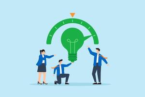 Flat illustration of employees rotating green lightbulb dial to set company direction towards renewable future vector