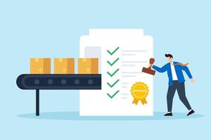 Flat illustration of quality control manager stamping approval badge on checklist while products move through conveyor belt vector