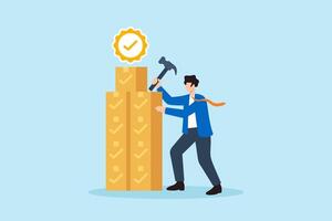Flat illustration of quality control manager building tower of product boxes with checkmark and compliance badge on top vector
