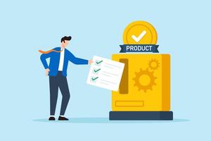 Flat illustration of quality control manager inserting checklist into product machine to unlock compliance mechanism vector