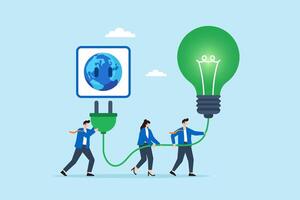 Flat illustration of employees plugging green ESG bulb into global socket representing clean energy collaboration vector