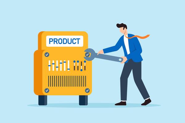 Flat illustration of quality control manager tightening checklist bolts on product machine for final inspection