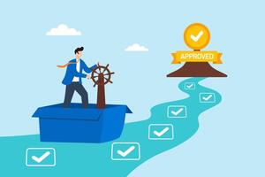 Flat illustration of quality control manager steering product boat through checklist river toward approval island vector