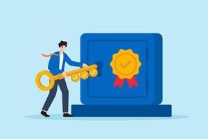 Flat illustration of quality control manager unlocking vault of quality badge using master checklist key vector