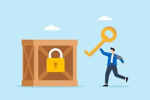 Flat illustration of quality control manager unlocking product crate with giant checklist key for quality assurance vector
