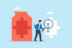 Flat illustration of quality control manager using magnifying glass to find missing checklist piece in puzzle shaped product vector