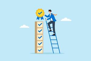 Flat illustration of quality control manager climbing ladder of checkmarks to place compliance badge on certified product stack vector
