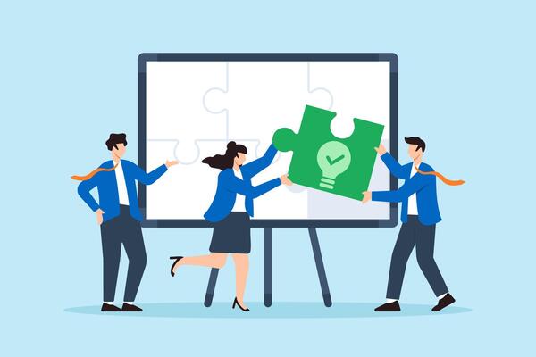 Flat illustration of employees fitting green lightbulb puzzle pieces into corporate ESG board for clean energy strategy