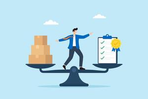 Flat illustration of quality control manager balancing product boxes and compliance checklist on scale to ensure manufacturing standards vector