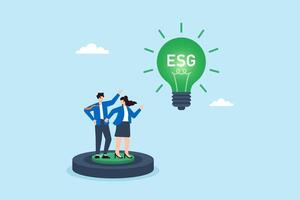 Flat illustration of employees pressing green ESG lightbulb button on dashboard to activate sustainable business mode vector