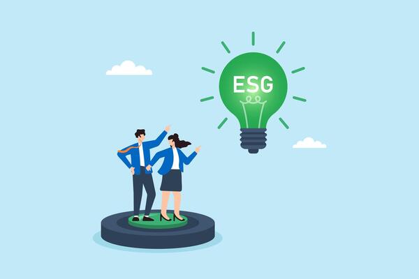 Flat illustration of employees pressing green ESG lightbulb button on dashboard to activate sustainable business mode