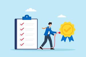 Flat illustration of quality control manager connecting wires from checklist to activate product approval badge vector
