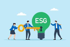 Flat illustration of employees unlocking green ESG lightbulb with teamwork key to activate clean energy initiatives vector