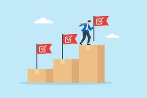 Flat illustration of quality control manager planting checklist flags on product mountain symbolizing quality milestones vector