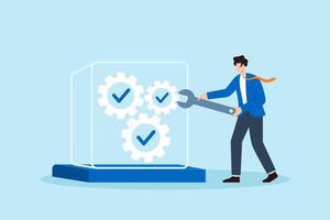 Flat illustration of quality control manager checklist gears inside transparent product to ensure quality flow vector