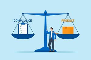 Flat illustration of quality control manager weighing compliance checklist against product symbol on balance scale vector