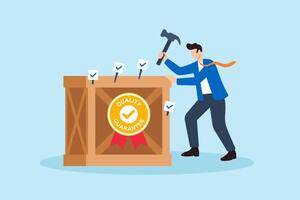 Flat illustration of quality control manager hammering checklist nails into product board to secure quality guarantee badge vector