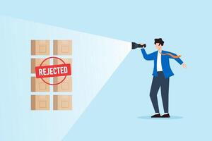Flat illustration of quality control manager pointing flashlight at rejected products during inspection vector