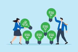 Flat illustration of employees stacking green ESG lightbulbs like building blocks to construct eco-friendly corporate energy strategy vector