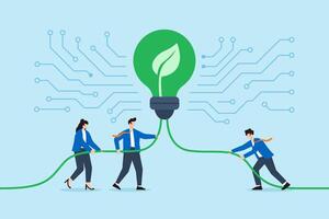 Flat illustration of employees connecting green lightbulb cables on digital circuit board representing renewable power teamwork vector