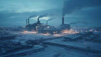 Large power plants in cold countries have smoke billowing from their chimneys at dusk photo
