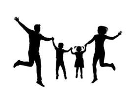 Silhouette happy family jumping together, ideal for familyoriented designs, representing joy, togetherness, and celebration in various projects. vector