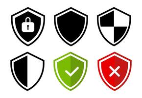 Six shields with various symbols, suitable for medievalthemed designs, historical projects, or educational materials focusing on armor and defense tactics. vector