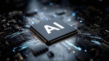 chip with AI label and light pulses flowing through the circuit photo