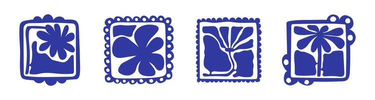 Abstract Nature Pattern with Bloom Daisy Flowers in Matisse Art Style. Decorative Set of Groovy Floral Posters. Print with Plants. Botanic illustration in blue color. vector