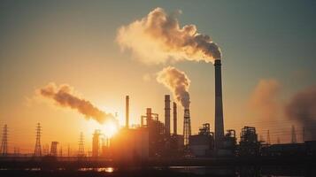 Large power plants have smoke billowing from their chimneys at dusk photo