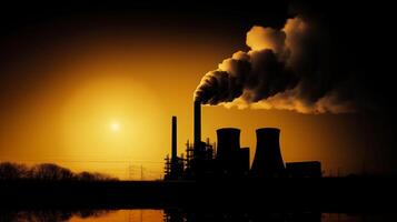 Silhouette of a large power plant with smoke billowing from its chimneys photo