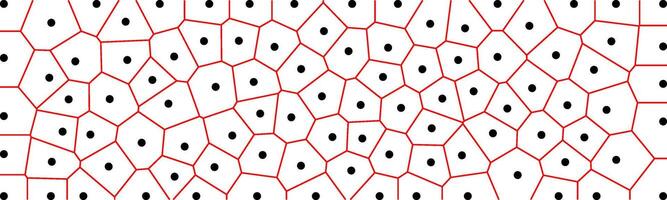 Voronoi diagram with red edges and black seed points, illustrating spatial partitioning into polygonal cells based on proximity to each seed point. vector
