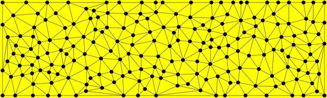 A black dot and line network forming a mesh-like structure on a bright yellow background, representing connectivity, systems, or digital communication in a modern abstract style. vector