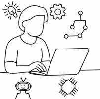 Person working on laptop with robot and light bulb AI and creative idea concept in style vector