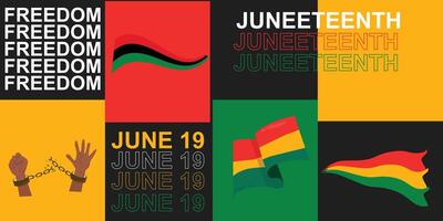 A modern Juneteenth banner design with symbolic illustrations commemorates emancipation, amplifies the voice of justice, and celebrates the history of freedom. vector