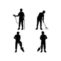 Silhouette Set of Men Gardening with Tools Garden Worker Icons Depicting Various Tasks and Poses Isolated on White Background vector