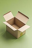 Top View of Open Beige Cardboard Box on Lime Green Backgrou Clean Packaging Mockup with Even Lightin photo