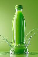 3D Render of Lime Green Juice Bottle with Water Splash Radiant, Energetic CGI on Vibrant Monochrome Background photo