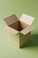 Top View of a Open Beige Cardboard Box on Lime Green Background Clean Packaging Mockup with Even Lighting photo