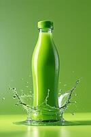 Dynamic 3D Render of Lime Green color Juice Bottle with Water Splash Radiant, Energetic CGI on Vibrant Monochrome Background photo