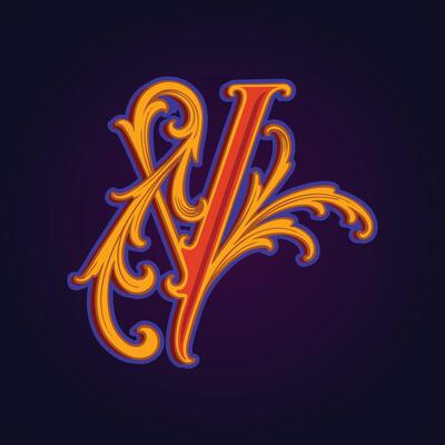 Ornate Letter V In Gold And Orange With Decorative Flourishes