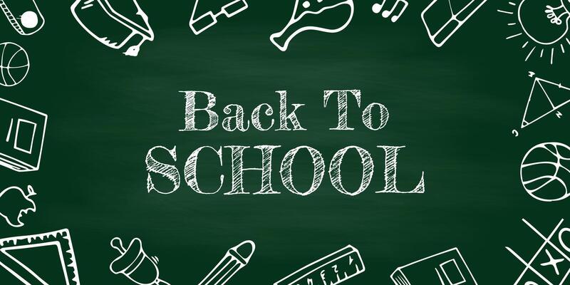 Back to School Chalk Blackboard or Chalkboard, Doodle Icon Element, Hand Drawn Lettering. Template School Background, Education Ink Accessories and Copyspace. Banner Template School Supplies Frame.