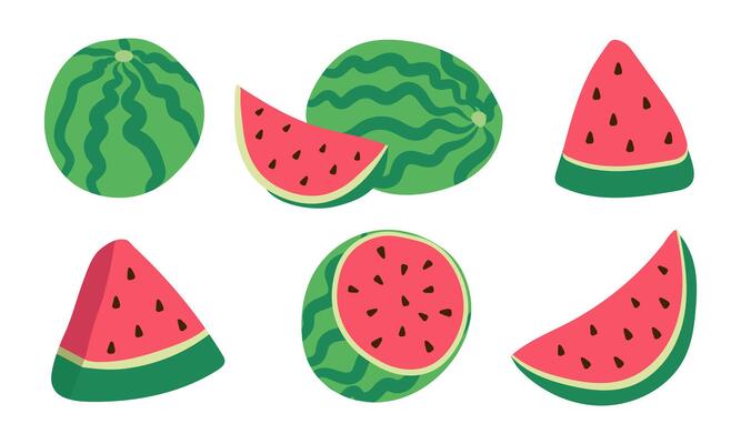 Watermelon Doodle Hand Drawn Icon Set isolated on white Background. Collection Ripe Fruit Piece, Halved and Triangular Slices, Whole Watermelon. Simple Retro Fruit or Berry Element Card, Banner