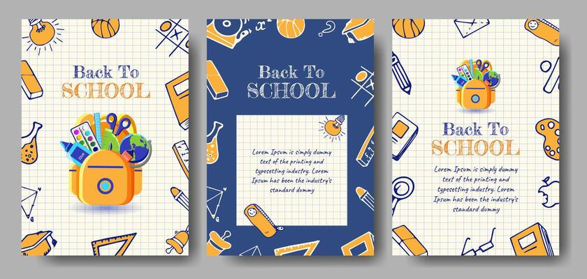 Back To School Banner Design Set with Doodle Education Icons, Bag with Supplies on notebook page background. Modern Trendy Welcome School Poster or Flyer for Sale, Invitation, Border, Cover.