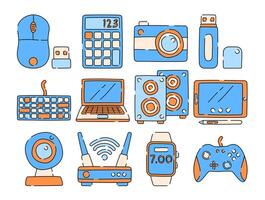 Doodle tech device icons including laptop, router, camera, keyboard, and more. Great for digital projects, tech infographics, UI, and web design. vector