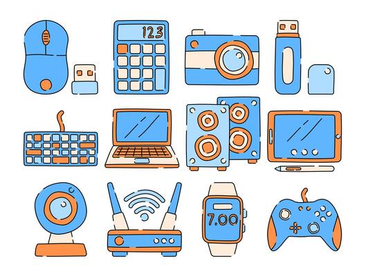 Doodle tech device icons including laptop, router, camera, keyboard, and more. Great for digital projects, tech infographics, UI, and web design.