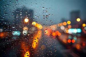 Rainy city lights through a frosted window photo