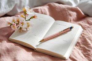 Peaceful morning with a gratitude journal and fresh flowers photo