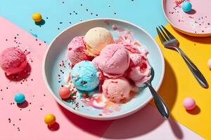 Melting ice cream in a colorful playful summer setting photo