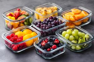 Assortment of fresh fruits in glass food containers for meal prep photo
